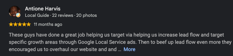 5-star Google review from Antione Harvis