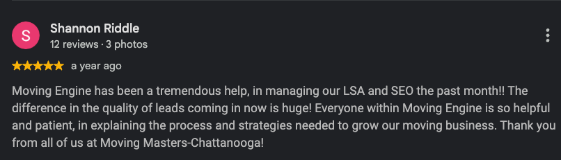 5-star Google review from Shannon Riddle, Moving Masters-Chattanooga